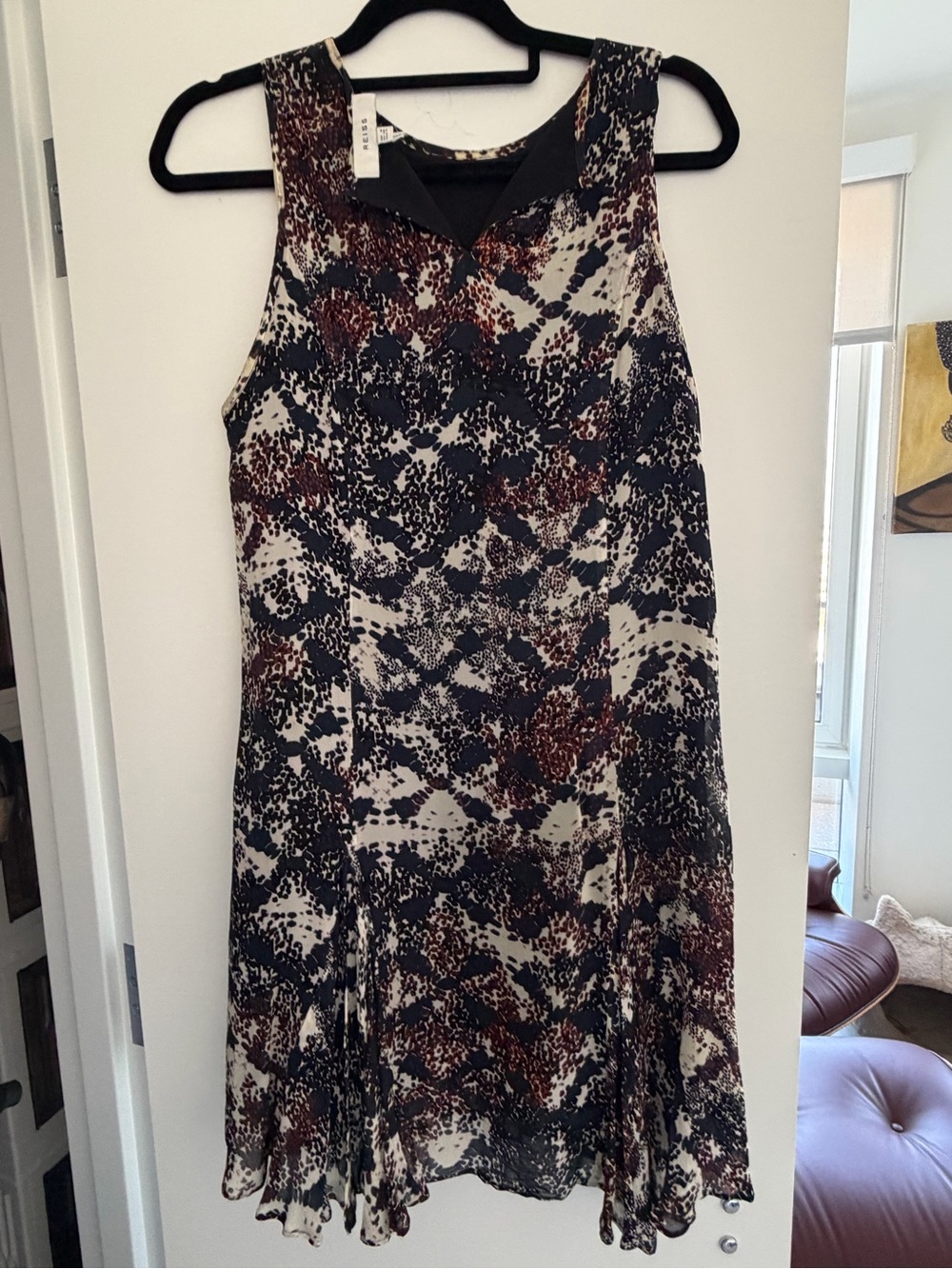 Reiss Sleeveless Printed Swing Dress in Black, Brown and Cream